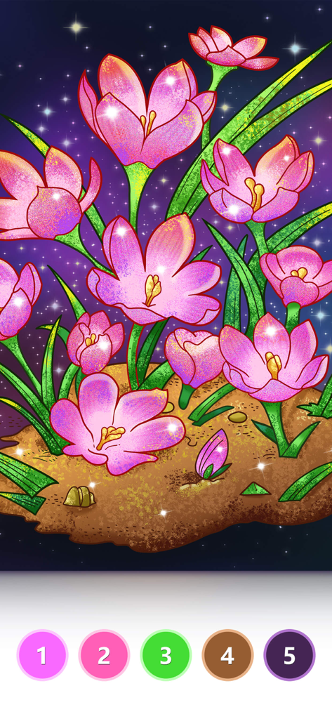 Tap Colorアプリの数字で色塗りゲームのインターフェース、星空の下の鮮やかなピンクの花と数字のカラーパレットが表示されている