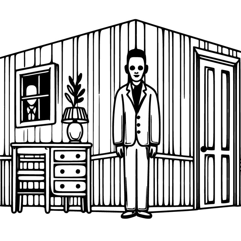 uncanny figure standing in the coner of a bedroom