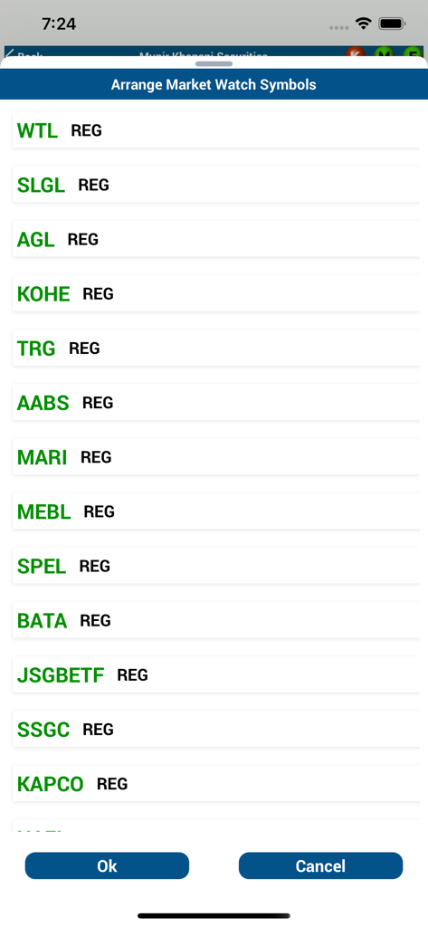 MMK Trade-iFlair - The arrange market watch symbols screen showing a list of stock tickers in the MMK Trade-iFlair app
