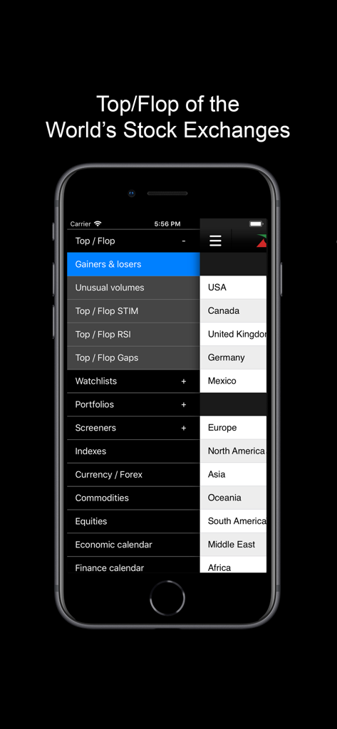MarketScreener - Interfaccia dell'app mobile MarketScreener che mostra un menu di borse valori globali con i titoli in rialzo e in ribasso in diversi paesi e regioni.