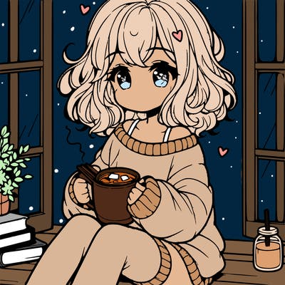cute anime girl reading book and drinking hot chocolate from mug with loose wavy hair wearing a baggy sweatshirt and shorts sitting by windowsill looking out