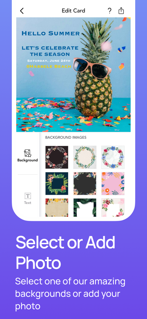 Invitation Maker |Card Creator - Interface do aplicativo Invitation Maker mostrando como selecionar imagens de fundo ou adicionar fotos a um design de cartão de festa de verão