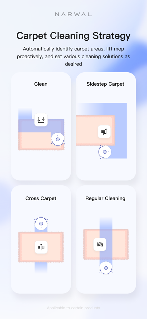 Narwal Freo - Narwal Freo app screen showing carpet cleaning strategies including clean, sidestep, and cross carpet modes