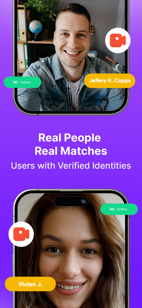 Two smartphone screens displaying verified user profiles with online status on the Ravi video chat app