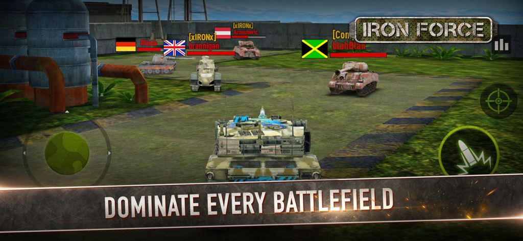 In game screenshot of Iron Force showing multiplayer tank combat with global players on a battlefield.