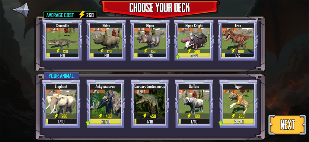 Animal battle ARBS Einheitenauswahlbildschirm mit Tierkarten wie T-Rex, Elefant und Nashorn