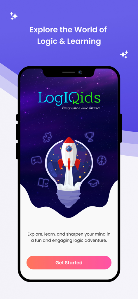 LogIQids - LogIQids app start screen with a rocket inside a lightbulb against a starry background