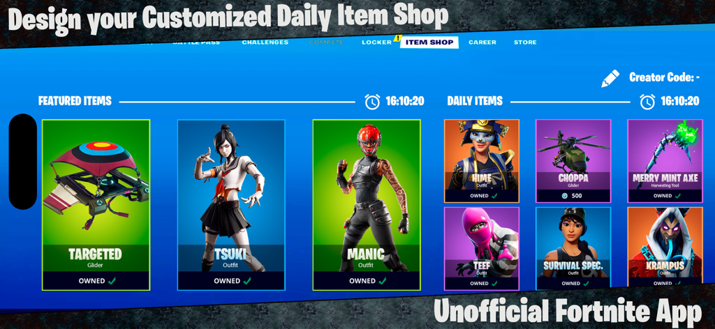 A mockup of a customized Fortnite daily item shop featuring various character skins and gliders in different rarity colors.