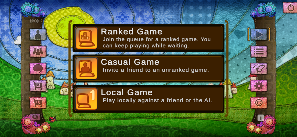 Patchwork The Game - Main menu screen of Patchwork The Game showing Ranked, Casual, and Local game options against a colorful fabric-patterned background.