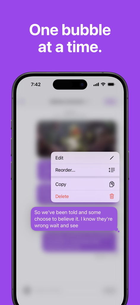Gibberish Writer - Gibberish Writer mobile interface showing a message bubble with an open editing menu for reordering and copying text