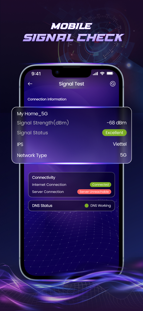 Internet Speed Test & Analyze - Interfaccia della funzione di test della potenza del segnale mobile che mostra la potenza e lo stato della rete 5G.