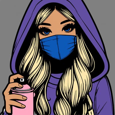 girl wearing a mask with long hair with her hood up spray-painting realistic