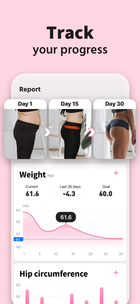 A screenshot showing the progress tracking feature with weight loss graphs and body transformation photos