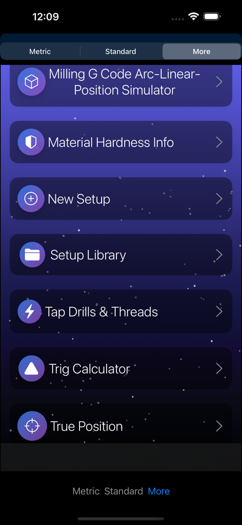 Main menu of the Machinist Pocket Pal app showing features like G code simulator material hardness and trig calculator