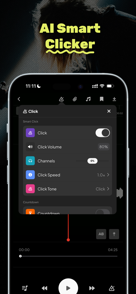 Audio Jam - AI for musicians - Interfaz que muestra la configuración del Clicker Inteligente con IA en la aplicación Audio Jam, incluyendo la velocidad y el volumen del metrónomo.