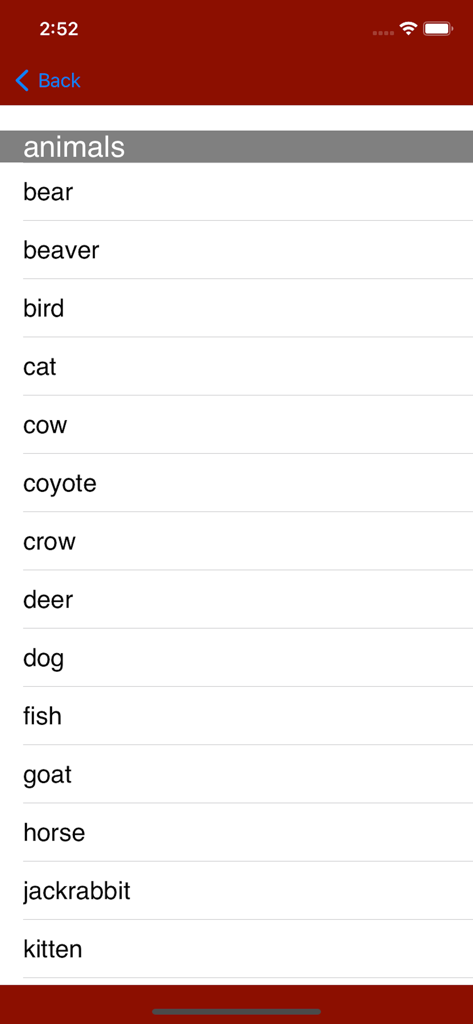 Lista de nombres de animales en la aplicación de aprendizaje de la lengua Navajo