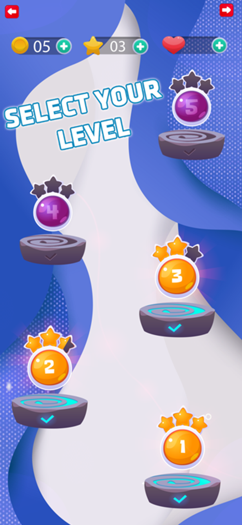 Trivia Quiz Test Games - Level selection screen of a trivia game showing numbered levels 1 to 5 and earned stars