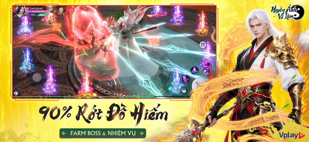 Huyen Anh Vo Lam Vplay mobile RPG gameplay featuring a 3D martial arts character and boss farming action