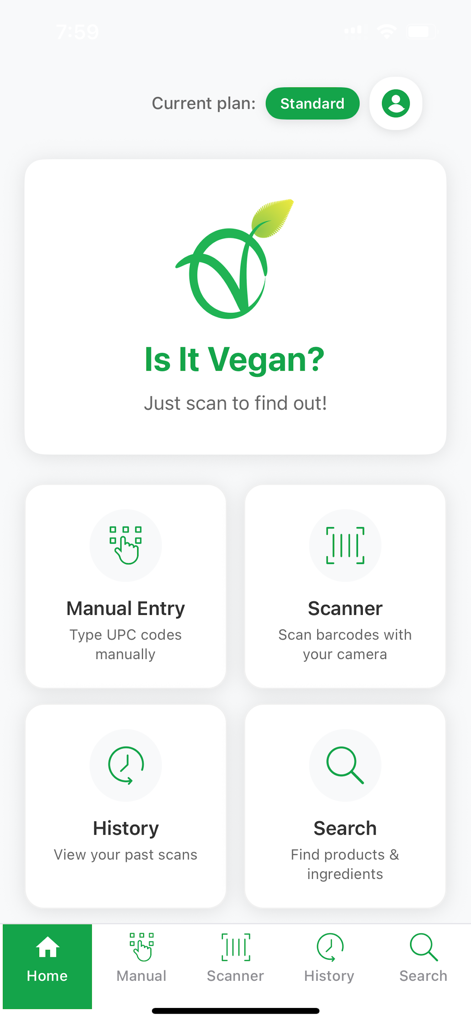 Is It Vegan? - Home screen of the Is It Vegan app showing features for barcode scanning, manual entry, history, and product search.