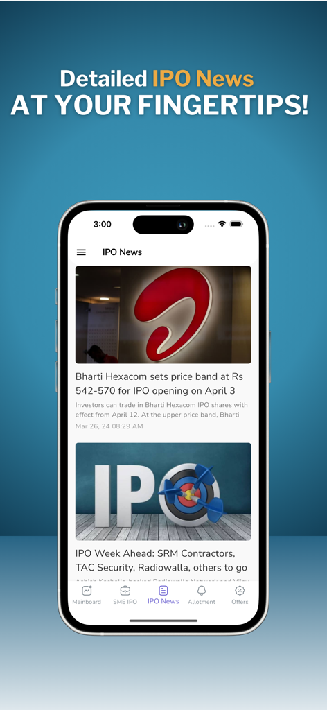 IPO Ji - IPO Info News & Apply - IPO Jiアプリインターフェース。今後のインド株式市場IPOの詳細ニュースと価格帯が表示されています
