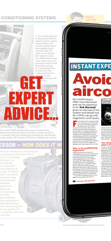 Car Mechanics Magazine app displaying technical car repair advice on a smartphone