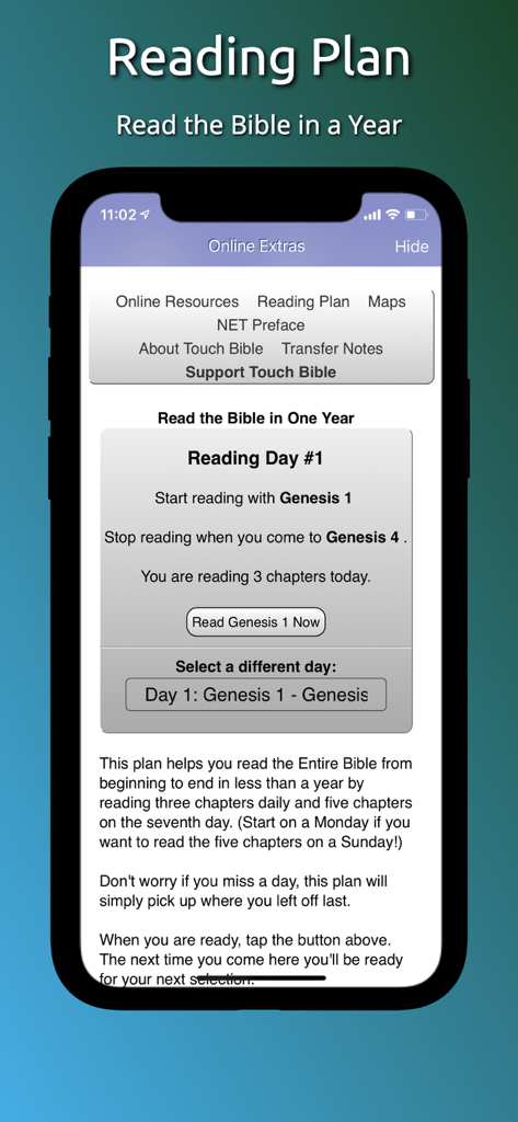 Touch Bible: Read, Study & Go - Interfaz del plan de lectura bíblica anual en la aplicación Touch Bible que muestra el Día 1 con Génesis 1.