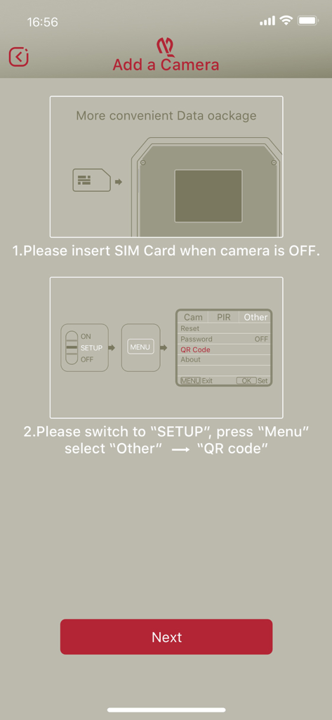 HunterCam - Instruction screen for adding a trail camera to the HunterCam app showing SIM card and QR code steps