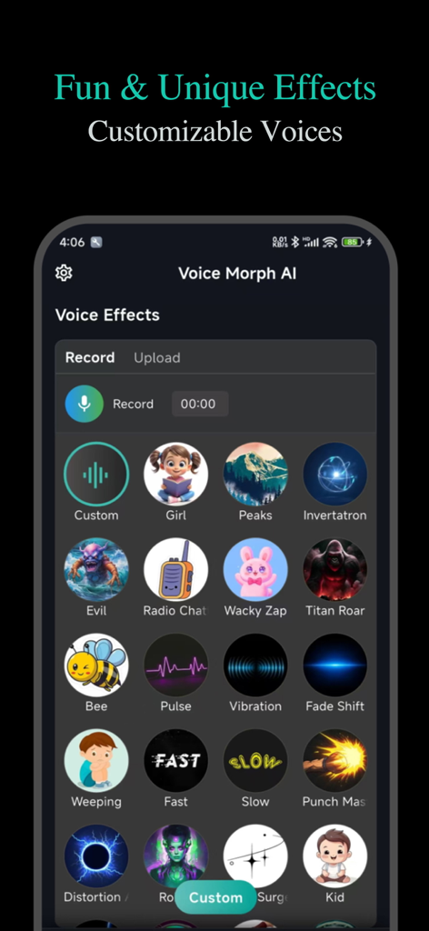 Voice Morph AI: Voice Studio - Voice Morph AI app interface displaying a grid of creative voice effects like Girl, Evil, and Robot