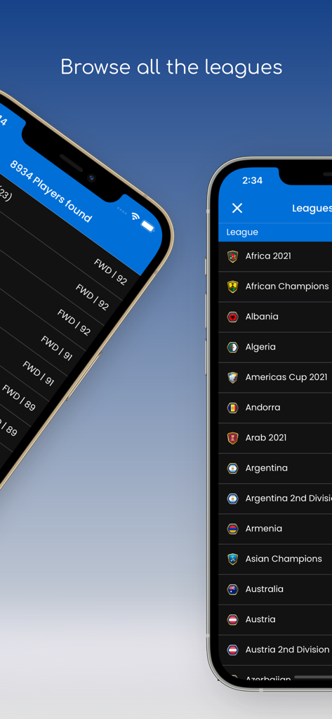 OSM Tactics, AI Tactics - Smartphone screens displaying a list of international soccer leagues and player search results in the OSM Tactics app.