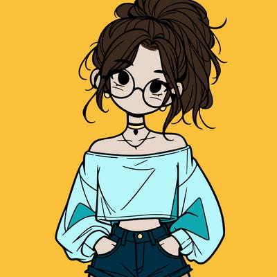 girl with a messy ponytail glasses a baggy crop top and jean shorts