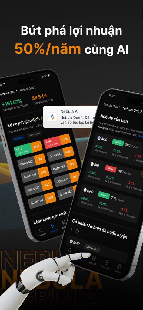 Simplize mobile app interface showing AI investment performance and stock buy or sell signals