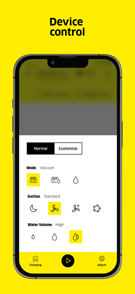 Interface of the Karcher Home Robots app showing device control settings for vacuum mode, suction power, and water volume