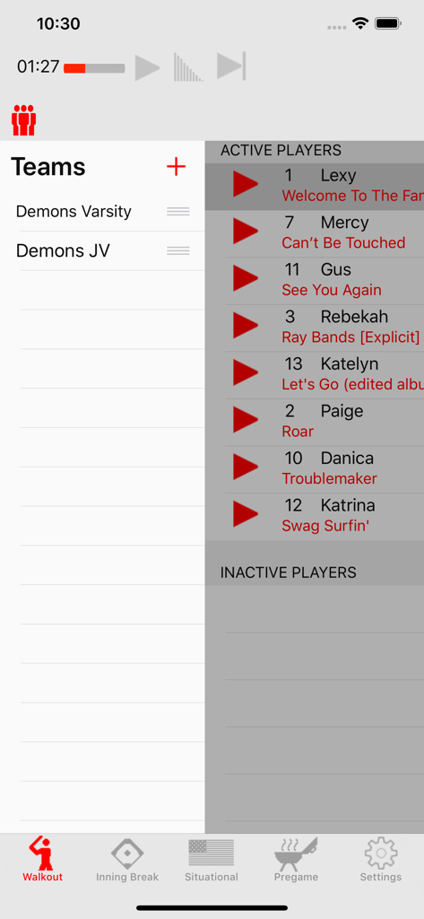 Walkout Song DJ - Walkout Song DJ app interface showing the teams list and active player songs