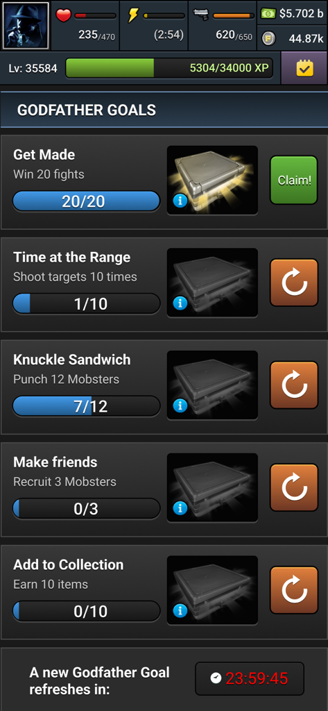 Mob Wars LCN: Underworld Mafia - Gameplay screenshot of the Godfather Goals mission list in Mob Wars LCN showing task progress and rewards.