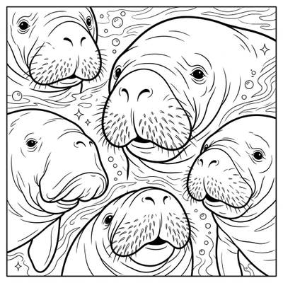 Discover the peaceful world of manatees with this unique coloring page focusing on their expressive snouts and sensitive whiskers. Specially designed for seniors, it features bold, clear lines and engaging aquatic details for a relaxing and accessible creative experience.