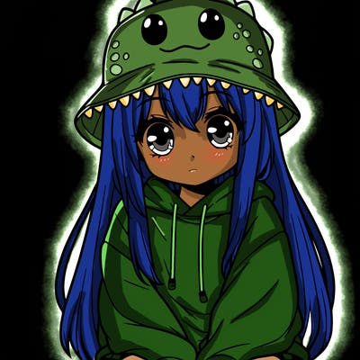girl with anime shaped eyes with a dinosaur bucket hat oversized sweatshirt long straight hair