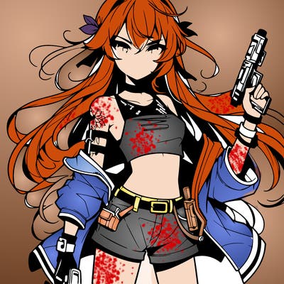 bad girl wearing crop top holding a gun long hair anime