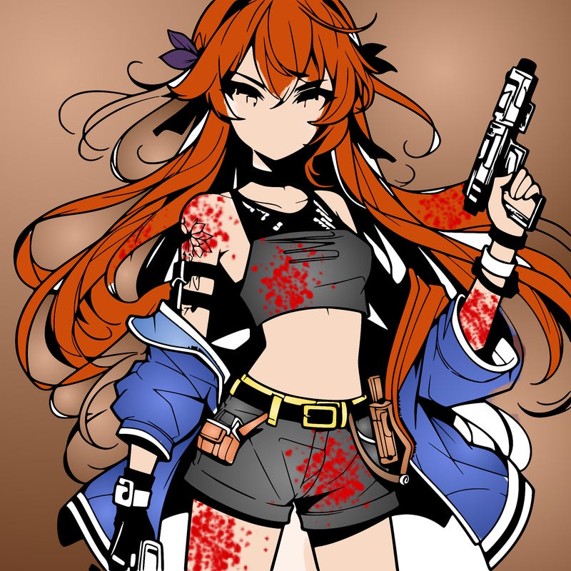 bad girl wearing crop top holding a gun long hair anime