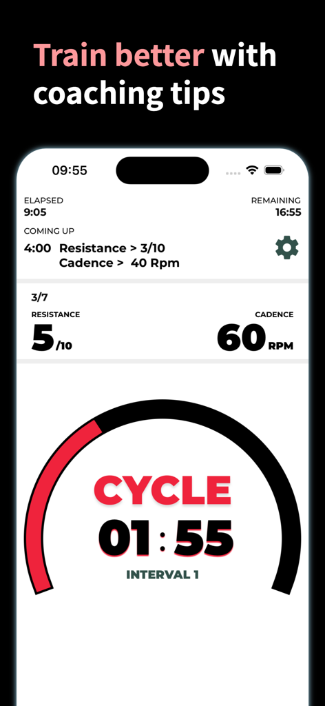 Indoor Cycling Workout - Stationary bike workout screen showing resistance, cadence, and interval progress