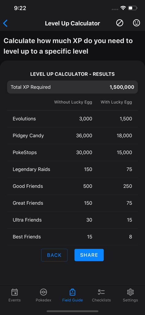 Screenshot of the Level Up Calculator in the GO Field Guide app showing XP requirements and tasks needed to reach a specific level