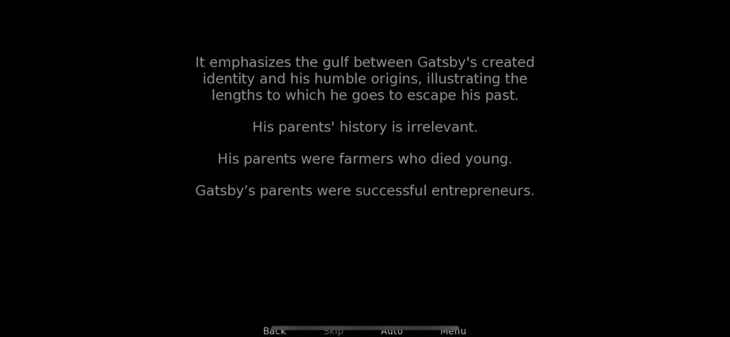 Great Gatsby - Uma tela de guia de estudo e quiz do aplicativo Great Gatsby mostrando perguntas sobre as origens e a identidade do personagem.