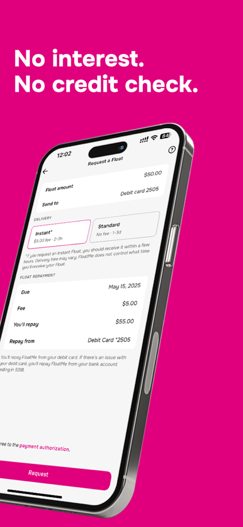 FloatMe: Easy Cash Advances - 신용 확인 없이 현금 선지급을 요청하는 FloatMe 앱 화면을 보여주는 스마트폰