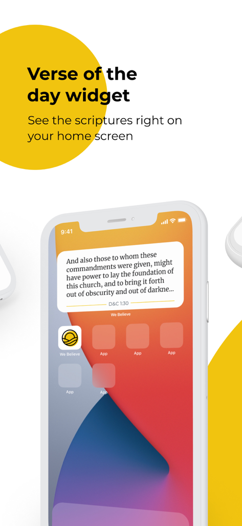 We Believe - iPhone home screen showing the We Believe app verse of the day widget featuring an LDS scripture