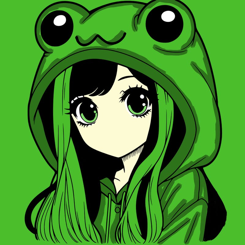 a pretty girl wearing a frog hoodie portrait with long hair