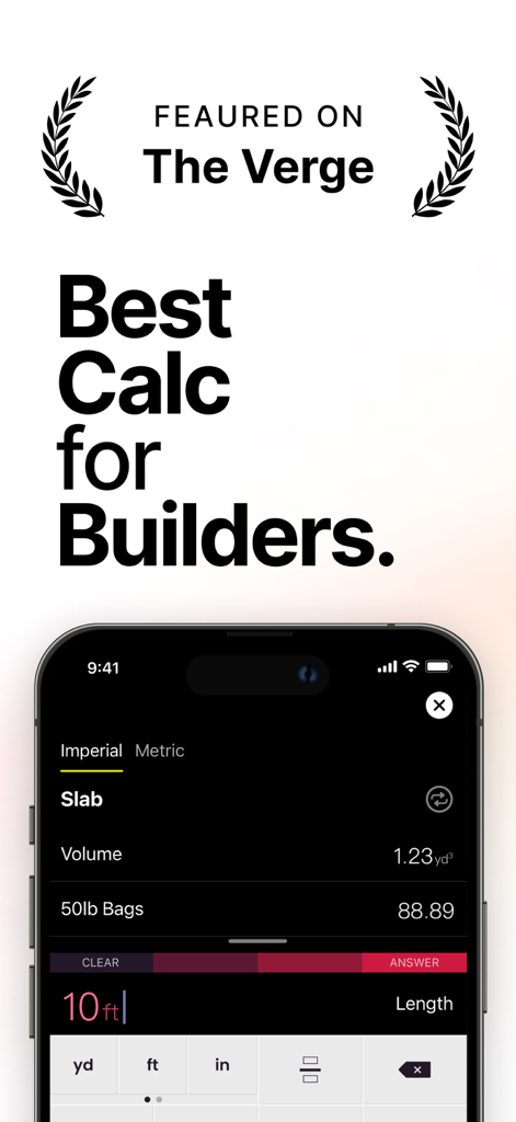Interface do aplicativo Calculadora de Concreto para construtores mostrando volume de laje e estimativas de materiais.