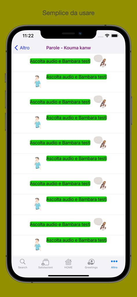 Bambara - Interfaz de la aplicación de aprendizaje de idiomas Bambara que muestra una lista de lecciones interactivas de audio y texto para estudiantes.