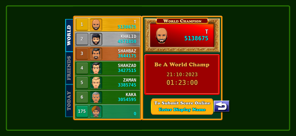 Card Game Coat : Court Piece - A screen displaying the world leaderboard rankings and the current champion for the Court Piece card game