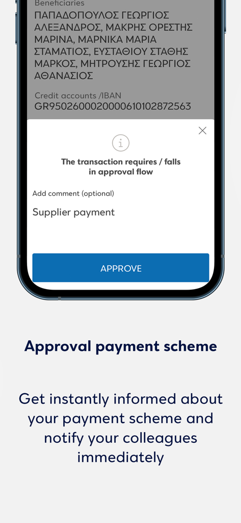 Eurobank Business App interface showing the transaction approval flow for a supplier payment with an approve button