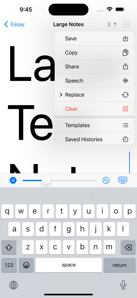Large Text Notes app showing the options menu and a font size slider for easy reading.