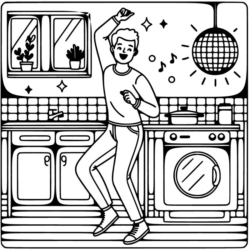 man dancing in the kitchen with a disco ball